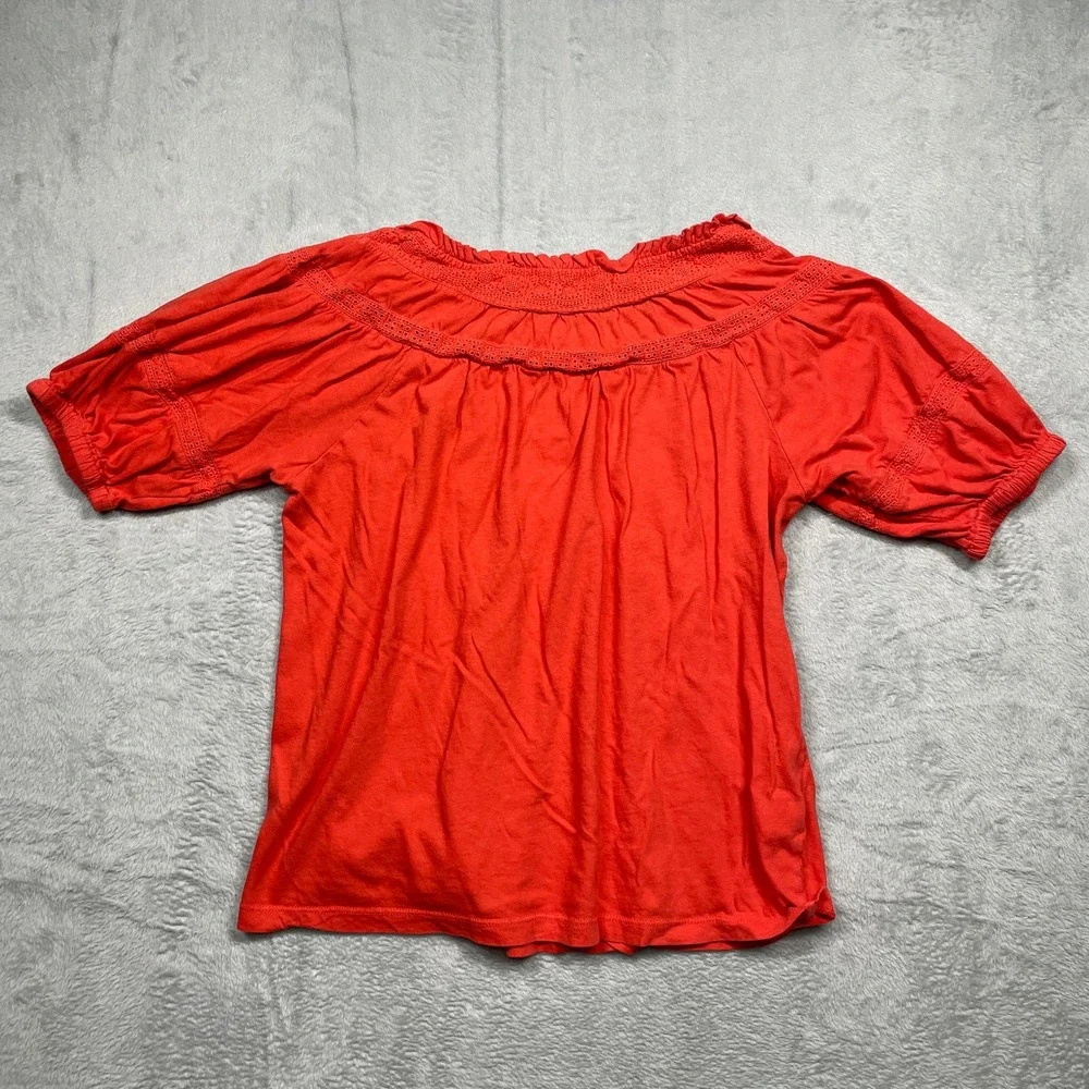 LOFT Peasant Top Women XS Red Puff Sleeve Eyelet Lace Ruffle Cotton